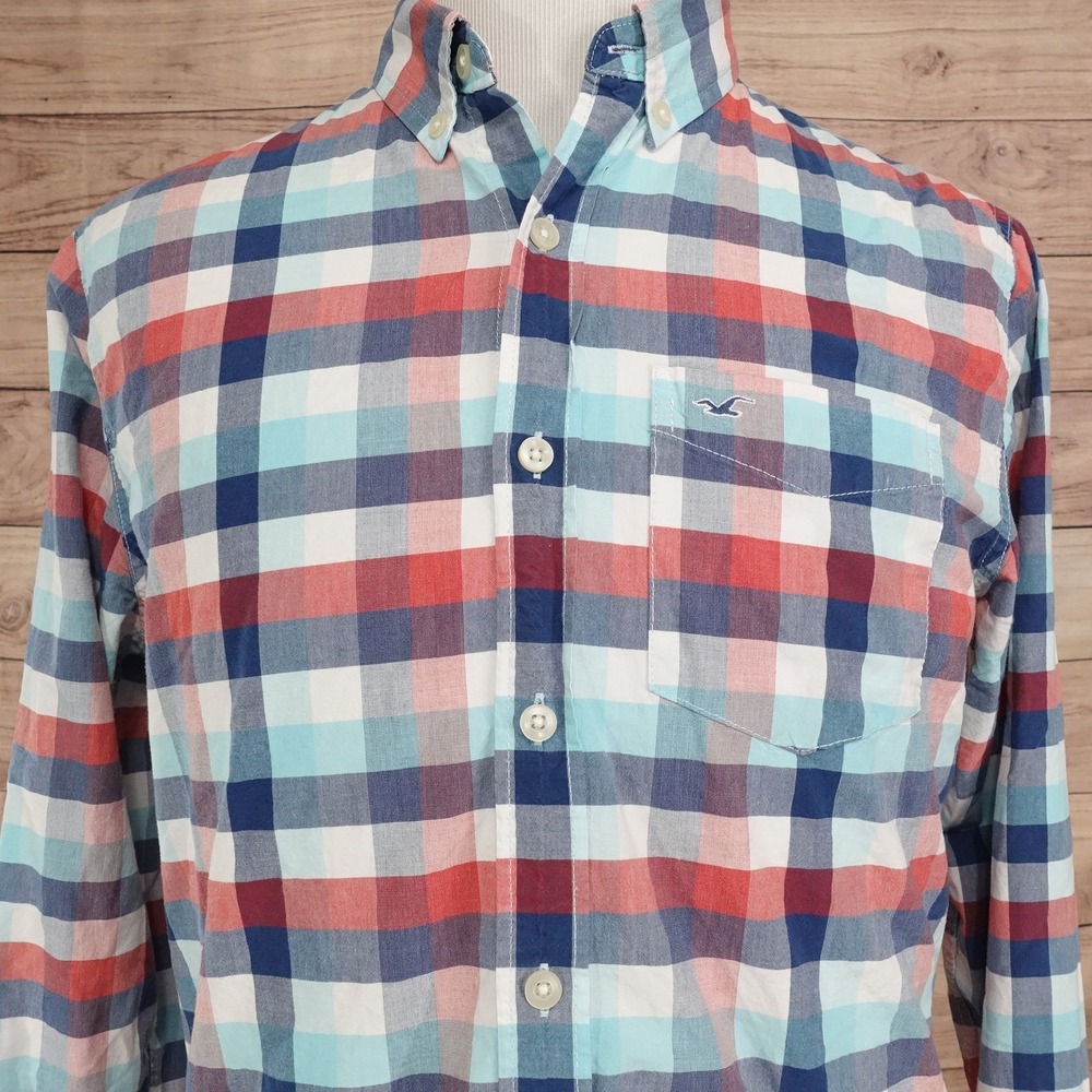 Hollister Shirt Mens L Blue Red Plaid Long Sleeve Button-Up Cotton Casual Pocket